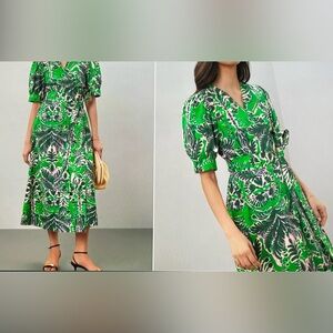 Marie Oliver Vibrant Green and Pink Patterned Midi Dress